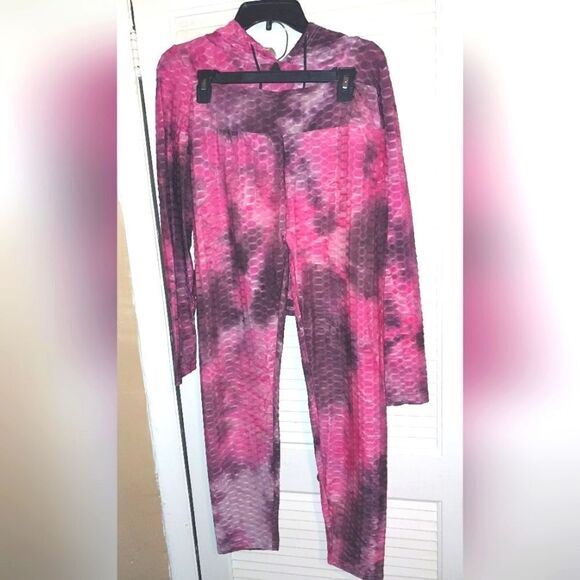 Women's Honeycomb Bubble Texture Tie Dye Butt Lift Activewear Sweatsuit Hooded L - Picture 6 of 10